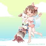  1girl 2025 animal bare_shoulders barefoot bikini blue_cape blue_eyes bluelimbo8888 breasts brown_hair cape cat chibi dog gensou_suikoden gensou_suikoden_ii hair_ribbon hairband halterneck highres holding holding_animal holding_dog holding_swim_ring looking_at_viewer medium_breasts nanami_(suikoden) ocean octopus one_eye_closed pink_bikini pink_hairband pink_ribbon red_cape ribbon short_hair smile swim_ring swimsuit two-sided_cape two-sided_fabric v 
