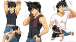  1boy abs armpits artist_name bangs black_hair black_shirt brown_eyes brown_towel closed_eyes closed_mouth commentary_request cup dated drinking exercise hand_on_hip highres kibisakura2 male_focus multiple_views parted_lips pokemon pokemon_adventures red_(pokemon) shirt short_sleeves shorts sideways_glance sleeveless sleeveless_shirt stretch sweat towel towel_around_neck white_shirt 