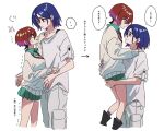  1boy 1girl amate_yuzuriha ankle_socks aqua_eyes aqua_shirt aqua_skirt bare_legs black_boots blue_hair blush boots cardigan carrying carrying_person colored_inner_hair diagonal-striped_clothes diagonal-striped_necktie gundam gundam_gquuuuuux hand_on_another&#039;s_arm hand_on_another&#039;s_shoulder height_difference highres lifting_person light_blush long_sleeves multicolored_hair necktie o6nuqm pants pleated_skirt red_hair red_necktie school_uniform shirt short_hair shuji_ito skirt sleeves_rolled_up smile socks striped_clothes sweatdrop translation_request two-tone_hair white_background white_cardigan white_pants 
