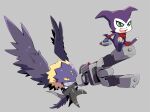  1boy 1other bandana bandana_around_neck beelzebumon beelzebumon_blast_mode black_wings blonde_hair chibi colored_skin demon_boy digimon digimon_(creature) feathered_wings gloves green_eyes grey_background grey_skin grin holding_toy_gun imp impmon lao_wen mask open_mouth purple_fur red_bandana red_gloves sharp_teeth simple_background smile tail teeth upper_teeth_only wings 