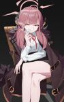  1girl absurdres ahoge aru_(blue_archive) bare_legs between_fingers black_background black_skirt blue_archive brown_coat chair chinese_commentary cigarette closed_mouth coat coat_on_shoulders collared_shirt commentary crossed_legs demon_horns fanshuimucishen feet_out_of_frame fur-trimmed_coat fur_trim hair_over_shoulder halo highres holding holding_cigarette horns long_hair long_sleeves looking_at_viewer making-of_available miniskirt neck_ribbon on_chair open_clothes open_coat pink_hair pink_halo red_ribbon ribbon shirt sidelocks sitting skirt smile smoke smoke_trail solo split_mouth white_shirt yellow_eyes 
