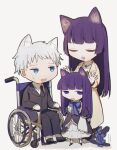  1boy 2girls animal_ear_fluff animal_ears bakara_(19083210) black_dress black_jacket black_necktie black_pants black_shoes blue_bow blue_bowtie blue_eyes bow bowtie brown_dress cat_ears cat_girl cat_tail chromatic_aberration closed_eyes coat collared_shirt commentary_request deformed dress film_grain frederica_bernkastel hachijou_ikuko hachijou_tooya highres hime_cut jacket jitome juliet_sleeves kemonomimi_mode lapels layered_sleeves long_hair long_sleeves multiple_girls necktie notched_lapels open_clothes open_coat open_mouth pants puffy_sleeves purple_eyes purple_hair scratches shirt shoes short_hair short_over_long_sleeves short_sleeves simple_background sitting smile socks suit sweat tail tail_bow tail_ornament tail_wagging u_u umineko_no_naku_koro_ni wheelchair white_background white_hair white_shirt white_socks yellow_coat 