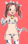  1girl 2021 ;d animal_ears animal_print bangs bikini blush bottle breasts brown_eyes brown_hair commentary_request cow_ears cow_horns cow_print cow_tail cowboy_shot dated ear_tag elbow_gloves fake_animal_ears fake_horns girls_und_panzer gloves groin half_gloves hand_on_hip holding holding_bottle holding_tail horns kadotani_anzu long_hair looking_at_viewer lowleg lowleg_bikini milk_bottle monolith_(suibou_souko) new_year o-ring o-ring_bikini one_eye_closed open_mouth parted_bangs print_bikini print_gloves print_legwear red_background side-tie_bikini simple_background small_breasts smile solo standing swimsuit tail thighhighs twintails white_bikini white_gloves white_legwear 