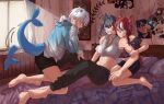  3girls afterimage animal_ears aqua_hoodie assertive_female barefoot bed bedroom bite_mark bite_mark_on_shoulder bite_mark_on_stomach black_hair black_pants black_shorts black_streaks blue_eyes blue_panties blush bracelet bright_pupils clothes_writing collared_shirt commentary commission crop_top cropped_shirt curtains day dhominic25 double-parted_bangs english_commentary feet fins fish_tail gawr_gura grey_hoodie grey_shirt grin hair_between_eyes hair_ears hakos_baelz hand_in_own_hair hand_up highres holding_another&#039;s_arm hololive hood hoodie indoors jewelry kneeling light_rays long_hair long_sleeves medium_hair midriff motion_lines mouse_ears mouse_girl mouse_tail multicolored_hair multicolored_hoodie multiple_girls off-shoulder_shirt off_shoulder on_bed open_mouth ouro_kronii panties pants panty_peek pearl_bracelet pillow poster_(object) print_shirt reclining red_hair restrained shark_girl shark_tail sharp_teeth shirt short_sleeves shorts sleeveless sleeveless_shirt smile sports_panties streaked_hair sunbeam sunlight tail tail_wagging teeth toes track_pants underwear underwear_writing very_long_hair virtual_youtuber wallpaper_(object) white_hair white_pupils white_streaks window yuri zipper 