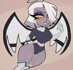  2025 angel angel_humanoid armwear back_wings bare_thighs breasts clothed clothing elbow_gloves eyeshadow feathered_wings feathers female gloves grey_body grey_skin hair hair_over_eye halo handwear hazbin_hotel hellaverse hi_res humanoid legs_together legwear makeup nelljoestar pink_sclera short_hair simple_background small_waist solo spread_wings thick_thighs thigh_highs vaggie_(hazbin_hotel) white_hair wide_hips winged_humanoid wings yellow_eyes 