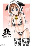  1girl akaboshi_koume alternate_costume animal_collar animal_print bangs bell bell_collar bikini blue_eyes blush breasts brown_hair capelet chinese_zodiac cleavage closed_mouth collar commentary cow_hood cow_print cowbell cowboy_shot dated floral_background girls_und_panzer highres hood hooded_capelet kanji looking_at_viewer medium_hair navel new_year nspa_(spa-jcs) pink_background print_bikini print_capelet print_legwear short_hair side-tie_bikini smile solo standing string_bikini swimsuit thighhighs twitter_username wavy_hair white_bikini white_capelet white_legwear year_of_the_ox 
