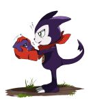  aioka_(aichiu_kuchiu) artist_name bandana bandana_around_neck claws digimon digimon_(creature) dirt gloves grass green_eyes highres holding_digimon impmon keemon no_humans purple_fur red_gloves simple_background standing tail white_background 