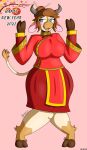  2021 accessory animal_humanoid anthro asian_clothing bent_legs big_breasts blue_eyes blush bootleggz bovid bovid_humanoid bovine bovine_ears bovine_tail bow_(disambiguation) breasts brown_hair cattle cel_shading chinese_clothing chinese_dress clothed clothing digital_media_(artwork) dress ears_down east_asian_clothing english_text eyelashes female fur glistening glistening_clothing hair hair_accessory hair_bun hair_tie hi_res holidays hooves horn humanoid looking_away lunar_new_year mammal mammal_humanoid nervous nervous_smile new_year nia_(bootleggz) open_mouth pivoted_ears portrait pose red_clothing shaded shy signature simple_background smile solo standing tail_tuft tan_body tan_fur text thick_thighs tuft yellow_clothing 