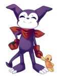  bandana bandana_around_neck claws closed_eyes digimon digimon_(creature) doll fang gloves impmon loyaldis outline purple_fur red_bandana red_gloves simple_background smile solo standing tail transparent_background white_outline 