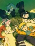  1girl 3boys arms_behind_head bandaged_leg bandages black_hair black_mask black_pantyhose black_shirt black_shorts blonde_hair blush closed_eyes dress drooling feet_out_of_frame grass green_vest grey_hair haruno_sakura hatake_kakashi headband highres jumpsuit long_sleeves mouth_drool multiple_boys naruto_(classic) naruto_(series) one_eye_covered open_mouth orange_jumpsuit pantyhose parted_bangs pelvic_curtain pink_hair reclining red_dress shirt shirt_under_shirt short_hair short_sleeves shorts sleeping spiked_hair trano_613 uchiha_sasuke uzumaki_naruto vest white_shirt 
