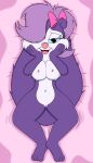  3_toes 4_fingers absurd_res accessory anthro anus asiagosandwich blue_sclera dakimakura_design feet female fifi_la_fume fingers fur genitals hair hair_accessory hair_bow hair_ribbon hi_res mammal mephitid navel nipples purple_body purple_fur purple_hair pussy ribbons skunk solo tiny_toon_adventures toes warner_brothers white_body white_fur 