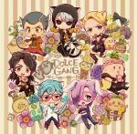  6+boys animal_ears black_hat black_sclera blonde_hair blue_eyes blue_flower blue_hair blue_rose cake candy cat_ears character-themed_food cheese colored_sclera crew_cut cupcake eating flower food formaggio gelato_(jojo) ghiaccio grey_hair hat heart heart-shaped_food heart-shaped_lollipop illuso jojo_no_kimyou_na_bouken juice_box lollipop mask melone metallica_(stand) morino_peko mouse_ears mouse_tail multiple_boys pants pesci pig_hat poppy_(flower) popsicle prosciutto_(jojo) purple_hair rabbit_ears rabbit_tail red_eyes risotto_nero rose shaped_lollipop sitting sorbet_(jojo) striped_clothes striped_pants swiss_roll tail tiger_ears tiger_tail vento_aureo 