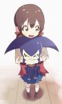  1girl ai_(digimon_tamers) bandana bandana_around_neck blue_skirt brown_eyes brown_hair brown_shoes digimon digimon_(creature) gloves green_eyes highres holding_digimon impmon open_mouth pleated_skirt pout purple_fur red_bandana red_gloves shinbiko shirt shoes skirt socks tail white_background white_shirt white_socks wooden_floor 