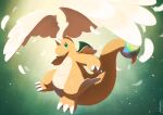  claws closed_mouth colored_skin commentary dragon dragonite ewokakukaede feathered_wings full_body green_eyes head_wings highres horns leg_wings mega_dragonite mega_pokemon no_humans orange_skin pokemon pokemon_(creature) pokemon_focus single_horn solo symbol-only_commentary tail wings 