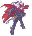  1boy animal_ear_fluff animal_ears animal_nose armor beluga_damiens cape cat_boy cat_ears cat_tail ear_tufts full_body furry furry_male gun headband holster little_tail_bronx long_hair low-tied_long_hair male_focus official_art purple_hair red_cape red_eyes red_headband scar scar_on_face simple_background solatorobo solo spurs standing tachi-e tail third-party_source traditional_media weapon white_background yuuki_nobuteru 