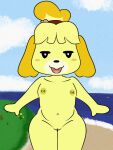  3:4 animal_crossing anthro bedroom_eyes breasts canid canine canis digital_media_(artwork) domestic_dog female fur genitals hair hi_res isabelle_(animal_crossing) looking_at_viewer mammal narrowed_eyes nintendo nipples nude seductive shih_tzu small_breasts smile solo susfortressa toy_dog vulva yellow_body yellow_fur 