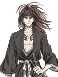  1boy abarai_renji belt black_kimono bleach chest_tattoo closed_mouth cowboy_shot facial_tattoo frown furrowed_brow highres holding holding_sword holding_weapon japanese_clothes katana kimono long_hair looking_at_viewer male_focus ponytail red_hair solo sword tattoo trano_613 weapon white_background white_belt wide_ponytail 