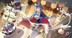  1girl absurdres android berry birgitta_(genshin_impact) blue_cape blue_eyes blue_hair bowl breasts cake cape cherry chinese_commentary commentary_request cream donut door feet_out_of_frame food fruit genshin_impact hat highres holding holding_bowl holding_whisk ice_cream_cone ineffa_(genshin_impact) joints looking_at_viewer mechanical_arms mixing_bowl plate pouring pretzel robot robot_ears robot_girl robot_joints short_hair sidelocks solo sparkle standing strawberry waffle wei_yi whisk 