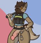 absurd_res anthro baton belt bodily_fluids bottomless canid canine canis clothed clothing domestic_dog dripping erection genital_fluids german_shepherd handcuffs herding_dog hi_res male mammal partially_clothed pastoral_dog police_officer police_uniform precum precum_drip shackles solo tinysmallman uniform unimpressed 