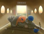  2017 absurd_res armor belt clothing duo evening exit_sign female female/female feral green_eyes hard_hat headgear helmet hi_res love mammal marine mewscaper mustelid orange_clothing orange_topwear orange_vest otter overweight pinniped screwdriver sea sea_otter seal squish tool_belt tools topwear under_belly vest water window 