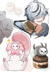 1boy ahoge animal bird black_hair blade_(nu_carnival) blue_gemstone blue_shirt brown_collar collar collarbone cookie creature cupcake donut ermine father_(nu_carnival) food gem grey_eyes hair_over_one_eye heart highres holding holding_food looking_at_viewer male_focus medium_hair miyamoyan multicolored_hair multiple_views muscular nu_carnival open_mouth owl pendant_collar sharp_teeth shirt simple_background smile sparkle streaked_hair teeth topper_(nu_carnival) two-tone_hair weasel white_background white_hair 