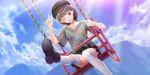  1girl ;d black_hat black_shoes blue_reflection_(series) blue_reflection_sun blue_sky blunt_ends braid brown_hair brown_shirt chain cloud collarbone day game_cg hand_up hat highres hoshiya_kanna kishida_mel leg_up light_rays looking_at_viewer mountain newsboy_cap non-web_source official_art on_swing one_eye_closed open_mouth outdoors shirt shoes short_hair sky smile solo striped_clothes striped_shirt sunlight swing thighhighs twin_braids v vertical-striped_clothes vertical-striped_shirt white_thighhighs 