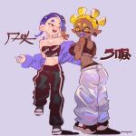  2girls absurdres back baggy_pants bare_shoulders blonde_hair blue_background blue_hair blue_tongue breasts colored_eyelashes colored_tongue crop_top frye_(splatoon) frye_(suffer_no_fools)_(splatoon) highres inkling midriff multiple_girls octoling official_alternate_costume official_alternate_hairstyle open_mouth orange_eyes pants red_eyes shiver_(splatoon) shiver_(suffer_no_fools)_(splatoon) splatoon_(series) splatoon_3 strapless tongue tongue_out tube_top twowontwo 