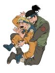  2boys bandaged_leg bandages black_hair black_pants black_shirt blonde_hair child closed_eyes facial_mark full_body furrowed_brow green_vest highres hug hug_from_behind jacket jumpsuit laughing maid_headdress male_focus medium_hair multiple_boys naruto_(classic) naruto_(series) open_mouth orange_jacket orange_jumpsuit orange_pants pants ponytail sandals scar scar_on_face scar_on_nose shirt short_hair smile spiked_hair trano_613 turtleneck umino_iruka uzumaki_naruto vest whisker_markings white_background 