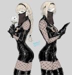  2girls android ass black_gloves blonde_hair blue_eyes boots braid breasts cleavage contrapposto covered_mouth cowboy_shot detached_sleeves fishnet_pantyhose fishnet_sleeves fishnets flower gloves grey_background headband highres holding holding_tablet_pc leather leather_boots leather_gloves long_hair looking_at_viewer medium_breasts medium_hair multiple_girls narrow_waist nier_(series) operator_21o operator_6o pantyhose see-through_clothes short_hair sideboob sidelocks signature simple_background single_braid stafa tablet_pc thigh_boots upper_body 