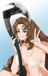  1girl alternate_costume armpit_peek axe bikini blue_eyes breasts brown_hair choker front-tie_bikini_top front-tie_top highres holding holding_axe limbus_company long_hair looking_at_viewer project_moon rodion_(project_moon) russian_text smile swimsuit v 