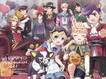  1girl 6+boys alice&#039;s_adventures_in_wonderland alice_(alice_in_wonderland) alice_(alice_in_wonderland)_(cosplay) animal_ear_hairband animal_ears ascot balloon battle_tendency black_cape black_hair black_hairband black_hat black_pants black_pantyhose blonde_hair blue_capelet blue_dress blue_eyes bow braid brown_hair caesar_anthonio_zeppeli candy cape capelet caterpillar_(alice_in_wonderland) caterpillar_(alice_in_wonderland)_(cosplay) cheshire_cat_(alice_in_wonderland) cheshire_cat_(alice_in_wonderland)_(cosplay) choker claw_pose closed_mouth cosplay crossed_legs crown diamond_wa_kudakenai dio_brando dog double_bun dress facial_mark fake_animal_ears food giorno_giovanna hair_bun hairband happy_halloween hat heart heart_balloon heart_facial_mark higashikata_josuke holding holding_candy holding_food holding_lollipop hood hood_up iggy_(jojo) indoors jacket jojo_no_kimyou_na_bouken jonathan_joestar joseph_joestar joseph_joestar_(young) kakyoin_noriaki king_of_hearts_(alice_in_wonderland) king_of_hearts_(alice_in_wonderland)_(cosplay) kujo_jolyne kujo_jotaro lollipop long_hair mad_hatter_(alice_in_wonderland) mad_hatter_(alice_in_wonderland)_(cosplay) march_hare_(alice_in_wonderland) march_hare_(alice_in_wonderland)_(cosplay) morino_peko multiple_boys necktie open_mouth pants pantyhose phantom_blood pompadour pumpkin purple_hair purple_vest queen_of_hearts_(alice_in_wonderland) queen_of_hearts_(alice_in_wonderland)_(cosplay) rabbit_ears red_hat red_jacket sitting stardust_crusaders stone_ocean top_hat tweedledee_(alice_in_wonderland) tweedledee_(alice_in_wonderland)_(cosplay) vento_aureo vest whisker_markings white_ascot white_rabbit_(alice_in_wonderland) white_rabbit_(alice_in_wonderland)_(cosplay) yellow_bow 
