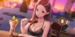  1girl bikini black_bikini blue_reflection_(series) blue_reflection_sun breasts brown_eyes brown_hair chair cleavage collarbone dutch_angle evening food forehead game_cg gradient_sky hand_on_table hand_up highres holding holding_removed_eyewear ikoma_ayami kishida_mel lantern lens_flare long_hair looking_at_viewer medium_breasts non-web_source official_art on_chair orange_sky outdoors palm_tree parfait pov_across_table purple_sky round_table sitting sky solo spaghetti_strap straight_hair sunglasses sunset swimsuit table tree unworn_eyewear wet wooden_chair wooden_table 