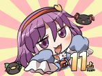  1girl :3 :d blue_shirt blush chibi chibi_only collared_shirt commentary_request cropped_torso frilled_sleeves frills hair_ornament hairband hands_up heart heart_hair_ornament kaenbyou_rin kaenbyou_rin_(cat) komeiji_satori long_sleeves looking_at_viewer open_mouth purple_eyes purple_hair red_hairband reiuji_utsuho reiuji_utsuho_(bird) rokugou_daisuke shirt short_hair signature sleeves_past_fingers sleeves_past_wrists smile solo sunburst sunburst_background third_eye touhou 