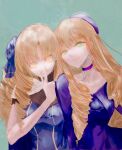  2girls adilisia_lenn_mathers beret blonde_hair breasts choker commentary_request dress drill_hair fate/hollow_ataraxia fate_(series) green_eyes hat hato_popo0 highres long_hair luviagelita_edelfelt multiple_girls pentagram purple_choker purple_dress purple_headwear purple_ribbon rental_magica ribbon sketch tilted_headwear v yellow_eyes 