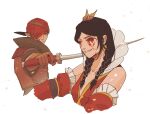  1boy 1girl abi-kamikakushi bandana black_hair blood blood_on_face elf green_eyes highres holding holding_sword holding_weapon iorveth no_eyes philippa_eilhart pointy_ears red_bandana simple_background sword the_witcher_(series) the_witcher_2 twintails weapon white_background 