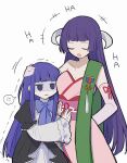  +++ 2girls anger_vein annoyed bakara_(19083210) black_dress blue_bow blue_bowtie blue_eyes blue_hair bow bowtie breasts cleavage closed_eyes collarbone commentary_request dress elbow_gloves face_to_breasts featherine_augustus_aurora film_grain frederica_bernkastel gloves green_sash grey_horns hand_on_another&#039;s_head hands_on_another&#039;s_stomach height_difference highres horns kimono_dress large_breasts laughing layered_sleeves long_hair long_sleeves medal multiple_girls obi open_mouth pink_dress pink_gloves puffy_short_sleeves puffy_sleeves purple_hair red_ribbon ribbon sash short_over_long_sleeves short_sleeves simple_background sleeveless sleeveless_dress smile speech_bubble spoken_anger_vein tassel trembling u_u umineko_no_naku_koro_ni very_long_hair white_background 