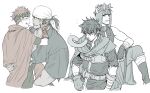  4boys 5_(femfamme) animal_ears bandana cat_boy cat_ears closed_eyes commentary_request fire_emblem fire_emblem:_path_of_radiance hand_on_another&#039;s_face headband headdress ike_(fire_emblem) male_focus muarim_(fire_emblem) multiple_boys ranulf_(fire_emblem) red_hair short_hair simple_background tail tormod_(fire_emblem) white_background 