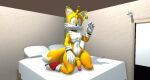  3d_(artwork) anthro bed bedroom canid canine clothing digital_media_(artwork) doomlazy27 femboy footwear fox furniture handwear happy hello kabalmystic male mammal miles_prower prisma3d ring sega smile solo sonic_the_hedgehog_(series) thick_thighs 