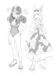  2girls animal_ears animal_nose ankle_ribbon bare_arms beatrix_(ff9) breasts burmecian clawed_feet claws cleavage curly_hair dede_(qwea_00000) dress eyepatch eyewear_on_head final_fantasy final_fantasy_ix fingernails floral_print flower freya_crescent full_body greyscale hair_over_one_eye hand_on_own_hip highres leg_ribbon long_hair medium_breasts medium_hair monochrome mouse_ears mouse_girl mouse_tail multiple_girls one-piece_swimsuit one_eye_covered print_dress ribbon rose sandals see-through_clothes see-through_shirt sharp_fingernails shirt sketch standing sunglasses swimsuit tail tail_ornament tail_ribbon white_background 
