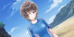  1girl beach blue_reflection_(series) blue_reflection_sun blue_shirt blue_sky breasts brown_hair closed_mouth cloud day dutch_angle emblem game_cg hair_over_one_eye head_tilt highres kishida_mel kuno_kirara large_breasts messy_hair mountain non-web_source official_art outdoors purple_eyes shirt short_hair sky solo t-shirt two-tone_shirt white_shirt 