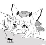  1girl :o animal arknights bangs blush bug chibi eyebrows_visible_through_hair greyscale hat kurotofu long_hair minigirl monochrome open_mouth out_of_frame owl_ears ptilopsis_(arknights) short_eyebrows simple_background solo_focus sparkle spider thick_eyebrows white_background 