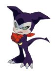  bandana bandana_around_neck blush claws crossed_arms digimon digimon_(creature) gloves green_eyes impmon looking_at_viewer purple_fur red_bandana red_gloves simple_background solo standing tail twincomplex white_background 