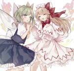  2girls bangs blonde_hair blue_dress blue_eyes blush bow bowtie capelet closed_eyes daiyousei dress eyebrows_visible_through_hair fairy_wings feet_out_of_frame green_hair hair_ribbon hat hat_bow lily_white long_hair multiple_girls one_side_up pointy_ears puffy_short_sleeves puffy_sleeves red_bow red_neckwear ribbon short_hair short_sleeves simple_background sleeves_past_fingers sleeves_past_wrists sorani_(kaeru0768) sparkle swept_bangs touhou white_background white_capelet white_dress white_headwear wings yellow_ribbon |d 