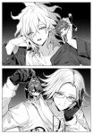  4boys ahoge aotsuki_eito clenched_teeth closed_mouth collarbone commentary_request crossover danganronpa_(series) danganronpa_2:_goodbye_despair drawstring expressionless eye_contact facing_viewer film_grain fluffy_hair forehead frown furrowed_brow glasses gloves greyscale hand_on_own_face hands_up head_rest highres hinata_hajime holding holding_mini_person jacket komaeda_nagito lifting_person long_sleeves looking_at_another looking_to_the_side male_focus mini_person miniboy monochrome multiple_boys necktie open_clothes open_jacket open_mouth outline pants picking_up raised_eyebrows scruffed scruffing shirt shoes short_hair short_sleeves smirk sumino_takumi sweatdrop teeth the_hundred_line_-last_defense_academy- very_short_hair white_outline yumeyume_2z 