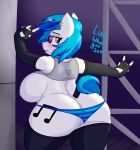  absurd_res anthro anthrofied big_breasts big_butt blush breasts butt clothed clothing clothing_aside coatieyay dialogue ear_piercing ear_ring equid equine female friendship_is_magic hasbro hi_res horn looking_back mammal my_little_pony nipples overweight overweight_anthro overweight_female panties panties_aside piercing raised_clothing raised_shirt raised_topwear shirt solo topwear underwear underwear_aside unicorn vinyl_scratch_(mlp) 