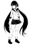  1girl bangs blunt_bangs bojue_(hakus_1128) closed_mouth commentary_request danganronpa_(series) danganronpa_v3:_killing_harmony full_body greyscale hair_ornament hairclip harukawa_maki highres long_hair looking_at_viewer low_twintails miniskirt mole mole_under_eye monochrome pleated_skirt school_uniform serafuku shoes skirt sleeves_past_elbows solo standing thighhighs twintails very_long_hair white_background zettai_ryouiki 
