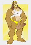  2023 anthro balls black_nose bone brown_body brown_fur canid canine canis chain clothing colored crop_top domestic_dog dukey erection eyebrows floppy_ears fur genitals gold_(metal) gold_chain half-closed_eyes hat headgear headwear hi_res holding_penis humanoid_genitalia humanoid_penis hunnipanda jewelry kerchief male mammal muscular muscular_anthro muscular_male narrowed_eyes navel nipple_outline nipples pecs penis penis_poking_out shirt simple_background smile solo tank_top thick_thighs tight_underwear topwear underwear unibrow white_clothing white_shirt white_tank_top white_topwear yellow_clothing yellow_underwear 