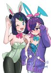 2girls animal_ears black_hair blue_bow blue_bowtie blue_eyes blue_hair blush bow bowtie bunny_day check_commentary commentary commentary_request cowlick dot_(pokemon) eyelashes fake_animal_ears hair_ornament hair_over_one_eye hairclip hand_up jacket karamomo_(krmmap) leotard liko_(pokemon) long_hair looking_at_viewer multicolored_hair multiple_girls one_eye_closed open_mouth pink_bow pink_bowtie pink_hair playboy_bunny pokemon pokemon_(anime) pokemon_horizons purple_eyes purple_hair rabbit_ears rabbit_tail strapless strapless_leotard tail 