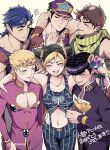  1girl 5boys arm_around_shoulder battle_tendency blonde_hair blue_hair braid cone_hair_bun diamond_wa_kudakenai giorno_giovanna green_scarf hair_bun happy higashikata_josuke highres jacket jojo_no_kimyou_na_bouken jonathan_joestar joseph_joestar joseph_joestar_(young) kujo_jolyne kujo_jotaro midriff morino_peko multiple_boys navel open_mouth pectoral_cleavage pectorals phantom_blood pompadour purple_hair purple_jacket scarf short_hair stone_ocean striped_clothes striped_scarf sweatdrop vento_aureo 