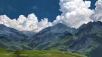  blue_sky cloud cumulonimbus_cloud grass highres hill karasu_(hageabura-jr) mountain nature no_humans original outdoors painting_(medium) scenery sky traditional_media 